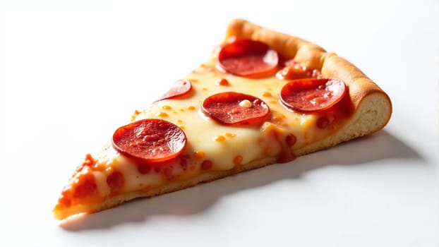 This mouthwatering slice features melted cheese topped with savory pepperoni, resting on a clean white surface. A perfect treat for any pizza lover craving a tasty delight.