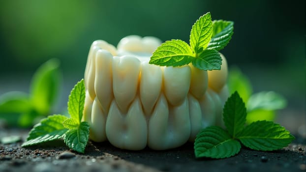 A cluster of dental-like forms rests gracefully on earthy soil, adorned with lush green mint leaves. The contrast of soft cream colors and vibrant greens creates an enchanting visual harmony.