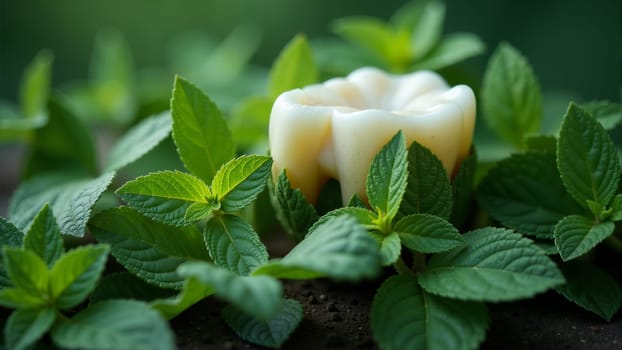 A cluster of dental-like forms rests gracefully on earthy soil, adorned with lush green mint leaves. The contrast of soft cream colors and vibrant greens creates an enchanting visual harmony.