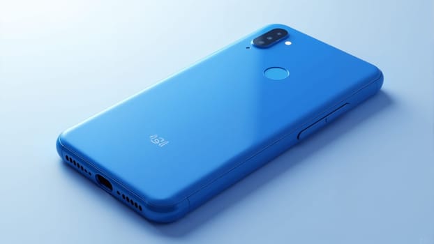 A striking blue smartphone is positioned at an angle on a smooth, light-colored surface. Its sleek lines and modern design highlight the latest technology while casting soft shadows.