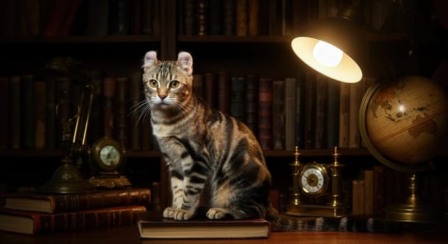 A tabby cat sits atop a book in a dimly lit vintage library. the scene features antique clocks, a globe, and a warm lamp, evoking a sense of nostalgia and intellectual curiosity.