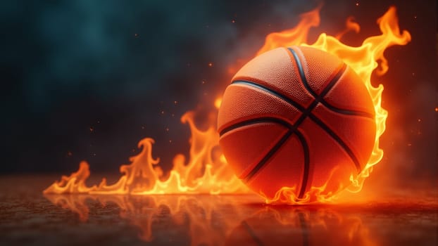 The basketball rolls energetically across a dark surface, enveloped in vibrant flames that reflect its dynamic motion. The fiery imagery captures the essence of sport and intensity.