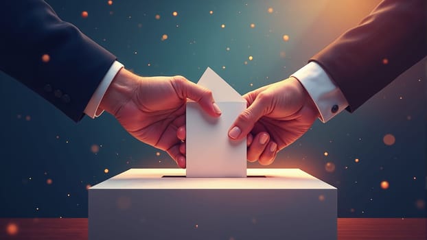 Two hands reach for a secure ballot box, one gracefully placing a blank envelope while the other supports the action. The dim light casts a hopeful glow, reflecting the importance of civic duty.