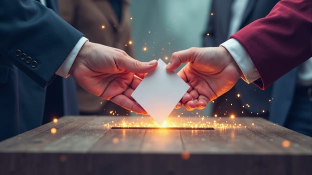 Two hands reach for a secure ballot box, one gracefully placing a blank envelope while the other supports the action. The dim light casts a hopeful glow, reflecting the importance of civic duty.