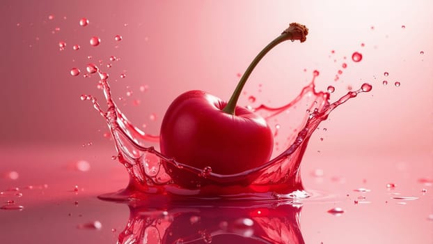 A bright red cherry with a rich stem leaps into a pool of vibrant red liquid, creating a lively splash. The soft lighting amplifies the freshness, evoking a sense of summer delight and sweetness.