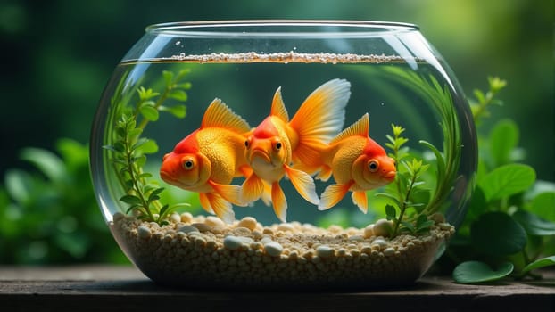 Two beautiful goldfish glide through clear water in a round aquarium. Green plants and smooth pebbles create a serene underwater environment, highlighting their vibrant colors.