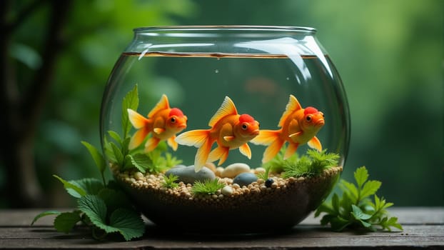 Two beautiful goldfish glide through clear water in a round aquarium. Green plants and smooth pebbles create a serene underwater environment, highlighting their vibrant colors.