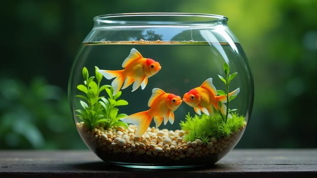 Two beautiful goldfish glide through clear water in a round aquarium. Green plants and smooth pebbles create a serene underwater environment, highlighting their vibrant colors.