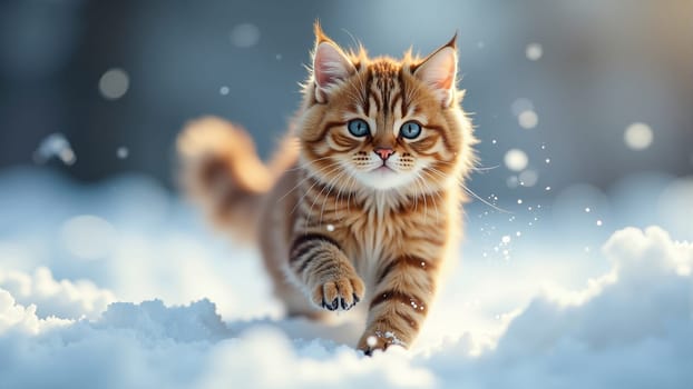 A fluffy orange kitten joyfully navigates through a blanket of fresh snow, pausing to chase falling snowflakes. Its bright blue eyes reflect the beauty of the winter day surrounding it.