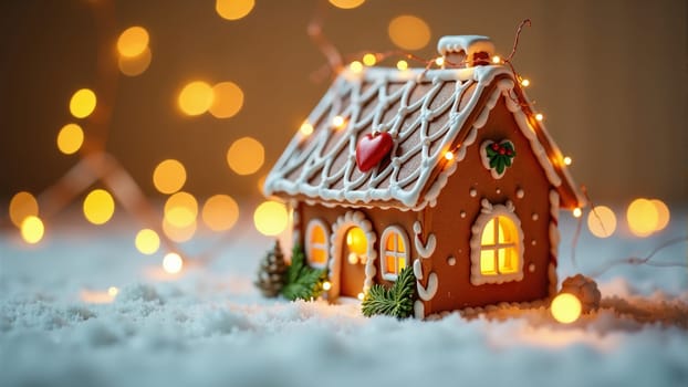 A delightful gingerbread house sits on a bed of snow, glowing softly with lights strung around it. The warm colors and festive decorations create a cozy holiday atmosphere.