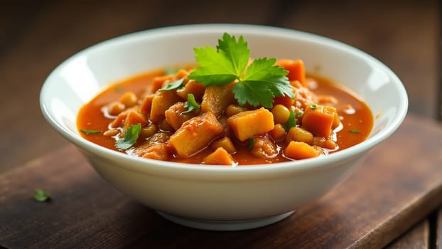 A delightful mix of squash and tomatoes simmers in a flavorful broth, topped with fresh herbs. The rustic bowl adds charm to this wholesome dish, perfect for any mealtime.