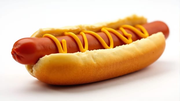 A savory hot dog nestled in a soft, golden bun, generously drizzled with vibrant yellow mustard, evokes the joy of summer picnics and backyard gatherings, tantalizing the taste buds.