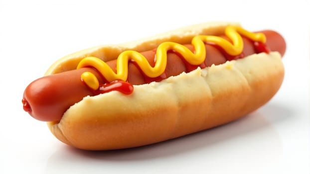 A savory hot dog nestled in a soft, golden bun, generously drizzled with vibrant yellow mustard, evokes the joy of summer picnics and backyard gatherings, tantalizing the taste buds.