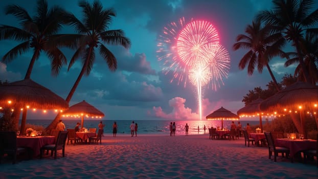Guests gather on a tranquil beach, enjoying a festive atmosphere as colorful fireworks burst above. Palm trees sway gently in the warm evening breeze, creating a magical setting for celebration.