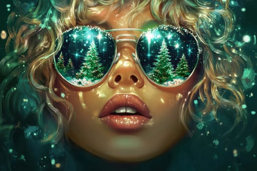 Curly fashion blonde in green glasses with holiday trees on glasses