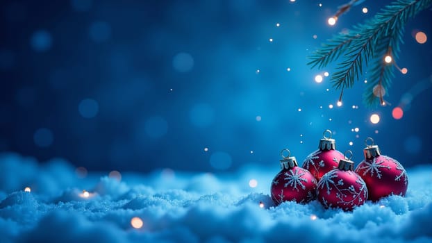 Brightly colored ornaments rest gently on a blanket of snow, glistening under a magical blue light. Flurries drift softly around, creating a serene and enchanting winter atmosphere.