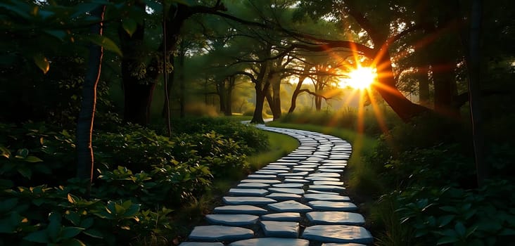 A serene forest path, paved with irregular stones, meanders towards a golden sunrise. Lush greenery and towering trees create a tranquil, mystical atmosphere, inviting exploration.