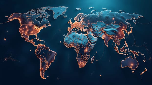 This captivating global map highlights vibrant cities sparkling with lights, giving a sense of nighttime energy across continents. Each region tells a story through its unique illumination patterns.