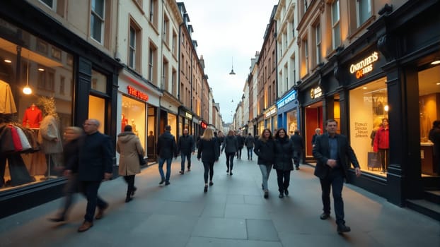 As twilight descends, a crowd of shoppers meanders through a vibrant shopping district filled with glowing storefronts. The ambiance is lively, reflecting the energy of city life.