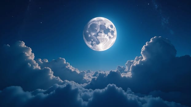 A brilliant full moon casts a soft glow over fluffy clouds, creating a tranquil atmosphere. The night sky sparkles with stars, inviting wonder and contemplation under its enchanting light.