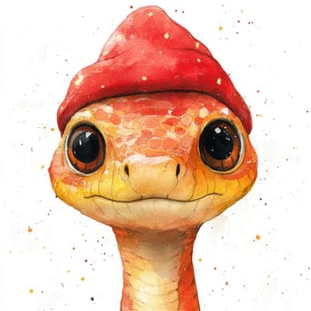 Adorable snake character with red hat, featuring vibrant colors and expressive eyes, perfect for children art or playful designs.