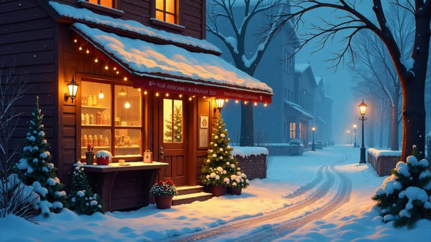 Snow blankets the quaint village streets as warm lights glow from cozy homes, highlighting Christmas trees. A festive atmosphere fills the air as holiday spirit comes alive in the winter night.