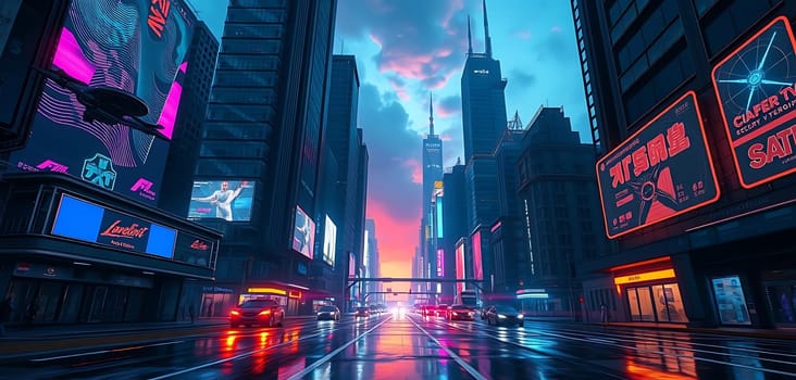 A futuristic cityscape at dusk, bathed in neon lights and towering skyscrapers. The wet streets reflect vibrant billboards, creating a cyberpunk atmosphere. Notable details include Asian characters on signs and sleek, modern architecture. The mood is electric and otherworldly, hinting at a bustling, advanced metropolis.