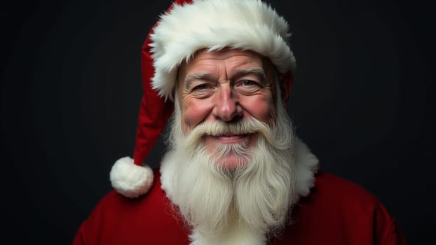 A cheerful older man dressed as Santa Claus beams with happiness, showcasing a long white beard and a red and white outfit.