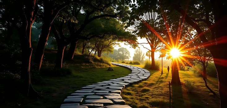 A winding stone path meanders through a lush, verdant forest, bathed in the golden hues of a rising or setting sun. Tall trees with sprawling branches create a serene canopy, while the sun's rays filter through, casting dappled light on the grass. The tranquil scene evokes a sense of peace and natural beauty.