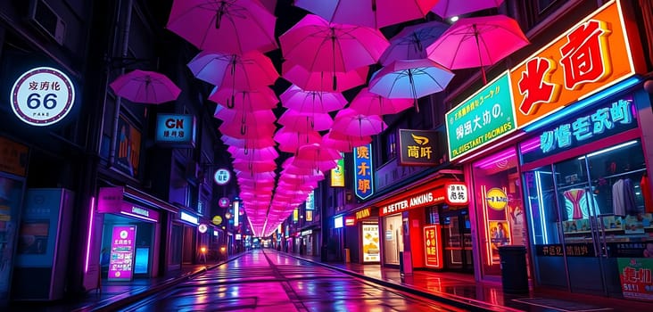 A vibrant urban street bathed in neon lights, featuring a canopy of illuminated umbrellas overhead. The bustling night scene is filled with colorful storefronts and signs in Chinese characters, creating a lively and futuristic atmosphere.