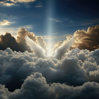 Spiritual journey: winged figure, soul passage, afterlife concept, divine departure, heavenly ascent, sacred rebirth, life transition, celestial being, divine wings, ethereal existence