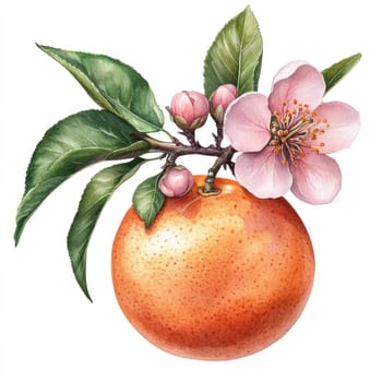 vibrant orange fruit with green leaves and delicate pink flowers, showcasing nature beauty and freshness. Perfect for adding touch of color to any design.