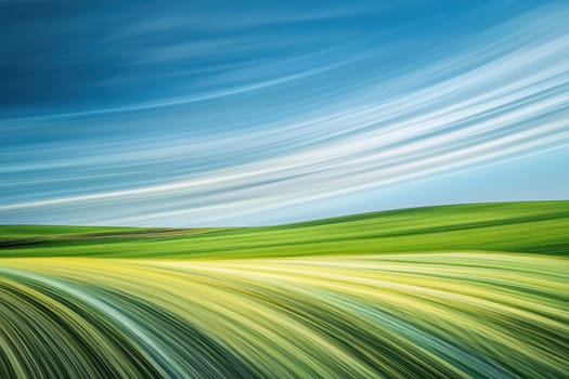 A cinematic portrayal capturing a wind farm amidst vibrant green fields. The dynamic sky enhances the serene landscape, highlighting nature's beauty and energy.