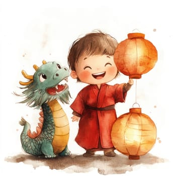 joyful child in red robe holds lanterns with friendly dragon. scene captures whimsical moment filled with happiness and warmth.