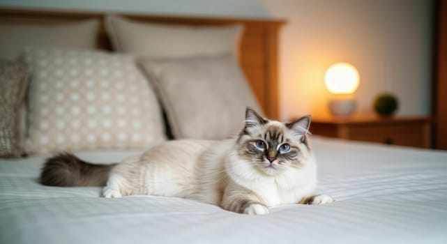 A fluffy cat with striking blue eyes relaxes on a neatly made bed in a serene bedroom setting. soft lighting from a glowing lamp adds warmth and tranquility to the space, the cat's elegant fur and calm demeanor.