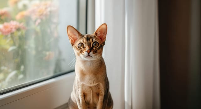 A young, attentive cat with large ears gazes curiously while sitting by a window. soft natural light filters through sheer curtains, the cat's expressive features and the delicate floral arrangement outside.