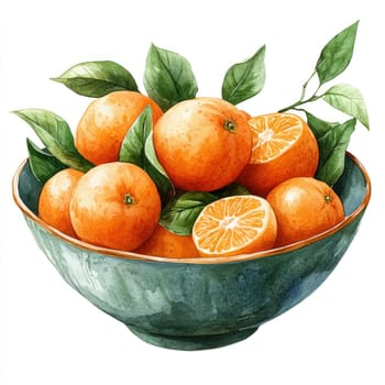 vibrant bowl of tangerines with green leaves, showcasing fresh fruit. bright oranges and lush foliage create cheerful and inviting scene.