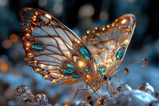 Beautiful butterfly: iridescent wings, diamond accents, golden highlights, delicate resting pose, intricate floral pattern, glowing gemstones, metallic shimmer, fantasy design, radiant light