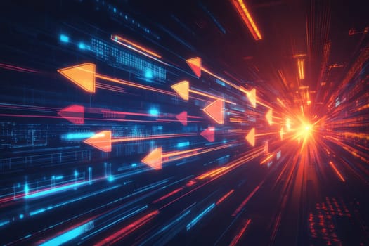 This abstract image features vibrant light trails and arrow shapes, creating a dynamic and futuristic atmosphere. Perfect for technology themes.