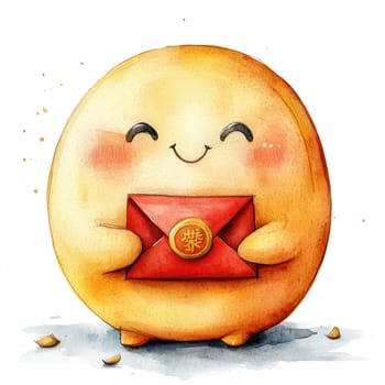 cheerful gold ingot character holds red envelope, radiating happiness and joy. This whimsical design captures playful spirit, perfect for celebrations.