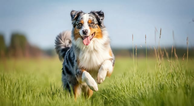 An enthusiastic australian shepherd with a striking merle coat joyfully runs through a lush green field. the bright, sunny day highlights the dog's playful nature and boundless energy, capturing the essence of freedom and joy in the countryside.