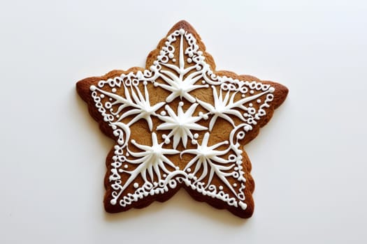 A beautifully stunning starshaped gingerbread cookie that is intricately decorated with white icing and detail