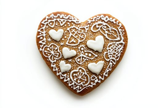 A charming heartshaped gingerbread cookie that is beautifully decorated with intricate and delightful icing patterns