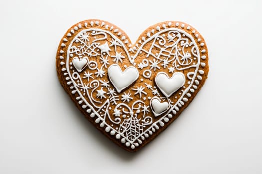A beautifully crafted and designed heartshaped gingerbread cookie embellished with intricate white icing patterns