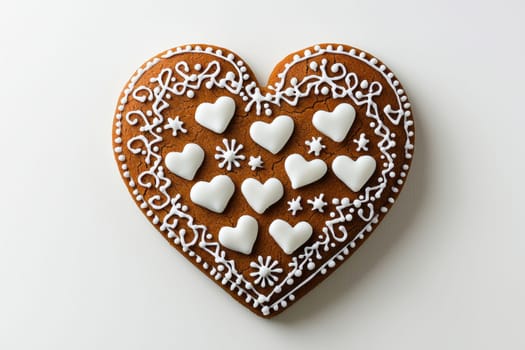 A beautifully decorated gingerbread heart cookie adorned with intricate icing and delightful small heart shapes
