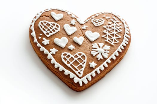 A beautifully and intricately decorated heartshaped gingerbread cookie designed for delightful festive occasions
