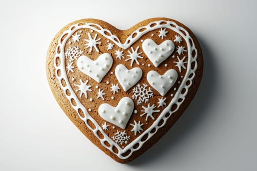 A beautifully decorated gingerbread heart featuring intricate white icing designs that are quite pleasing to behold