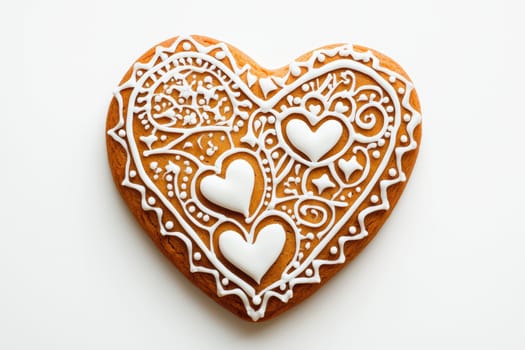 A beautifully decorated heartshaped gingerbread cookie featuring intricate icing designs that fascinate