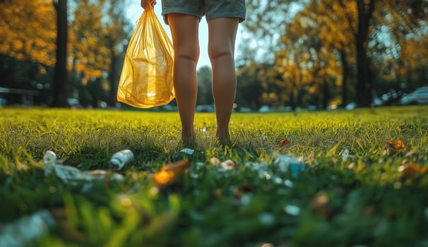 Collecting plastic waste into a recycling bag, in a park. Selective focus.