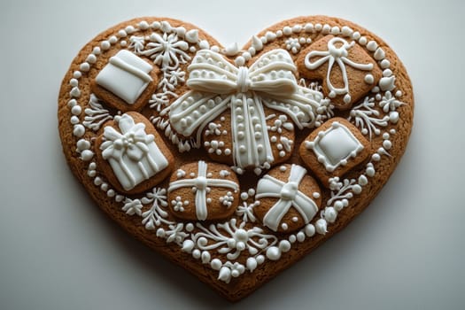 A heartshaped gingerbread cookie decorated with festive icing and designs that will delight anyone